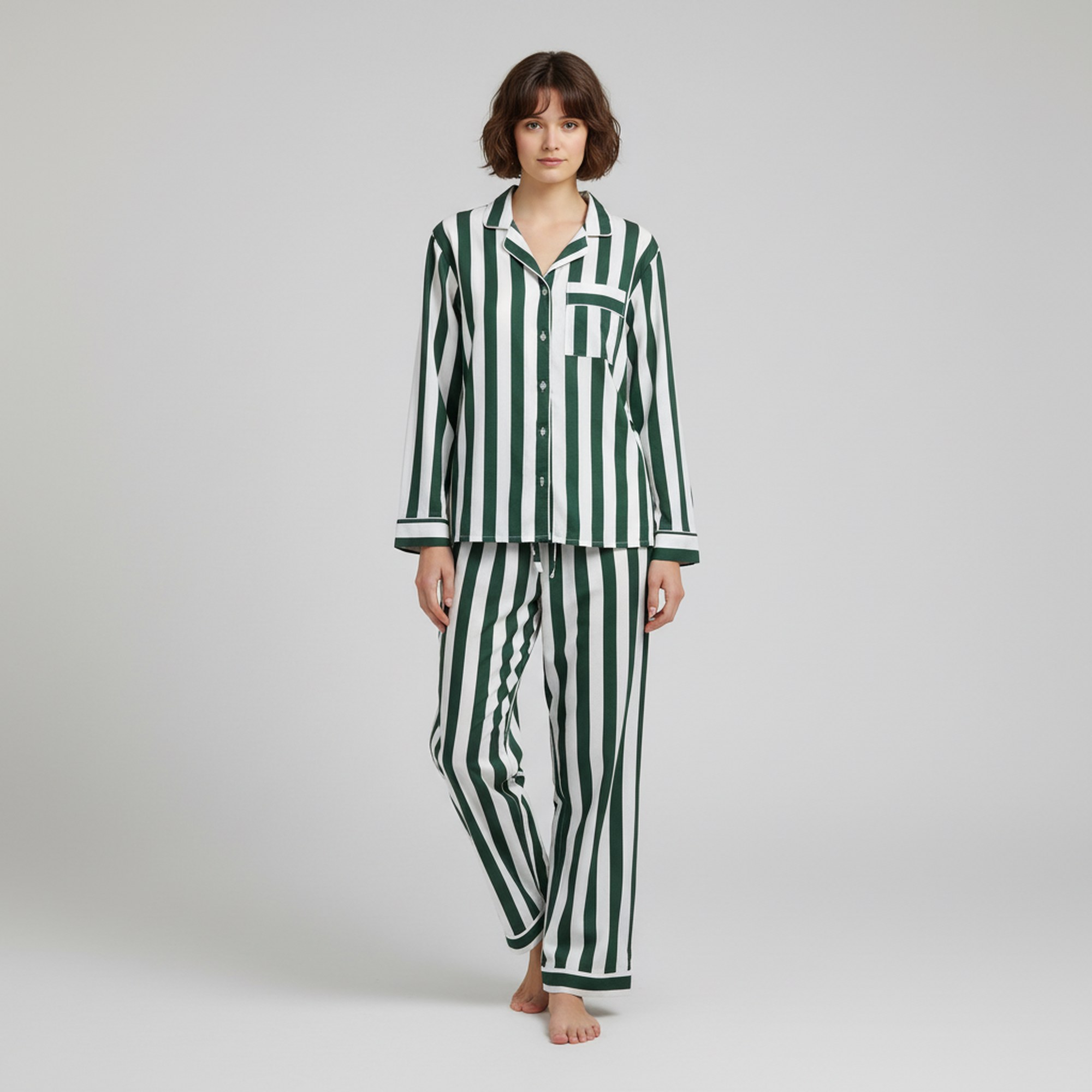 Calm Comfort Cotton PJ Set In White & Green - Image 2