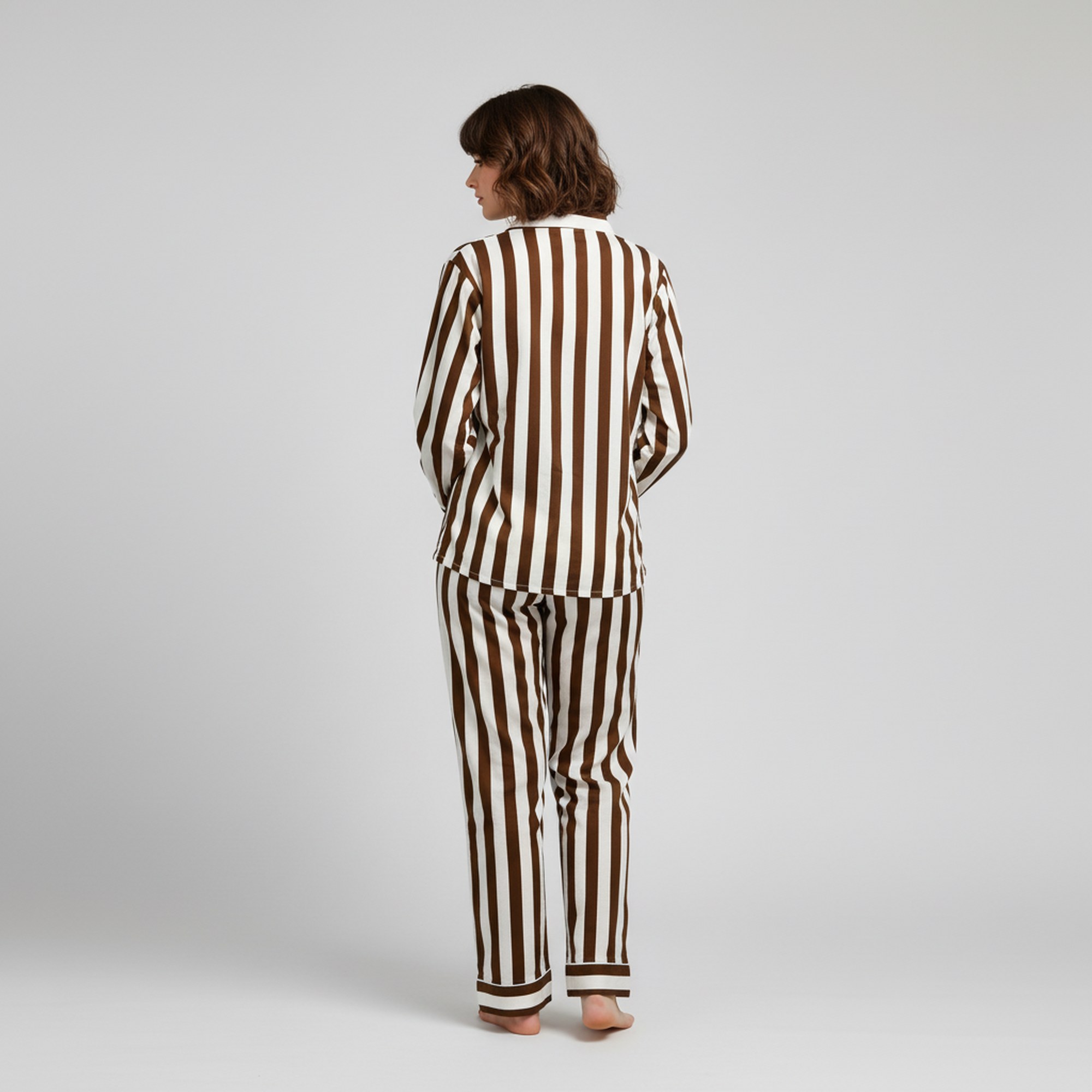 Relax Mode Cotton PJ Set In White & Brown - Image 2