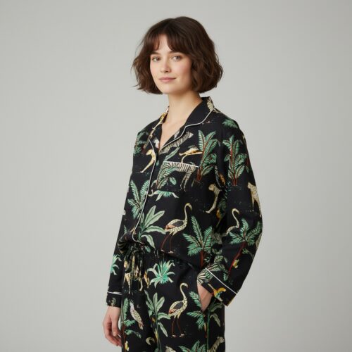 Jungle Print Cotton PJ Set In Black & Multicolor