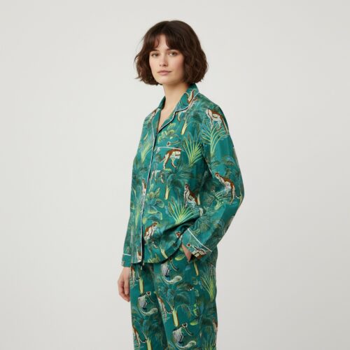 Jungle Print Cotton PJ Set In Green & Multicolor