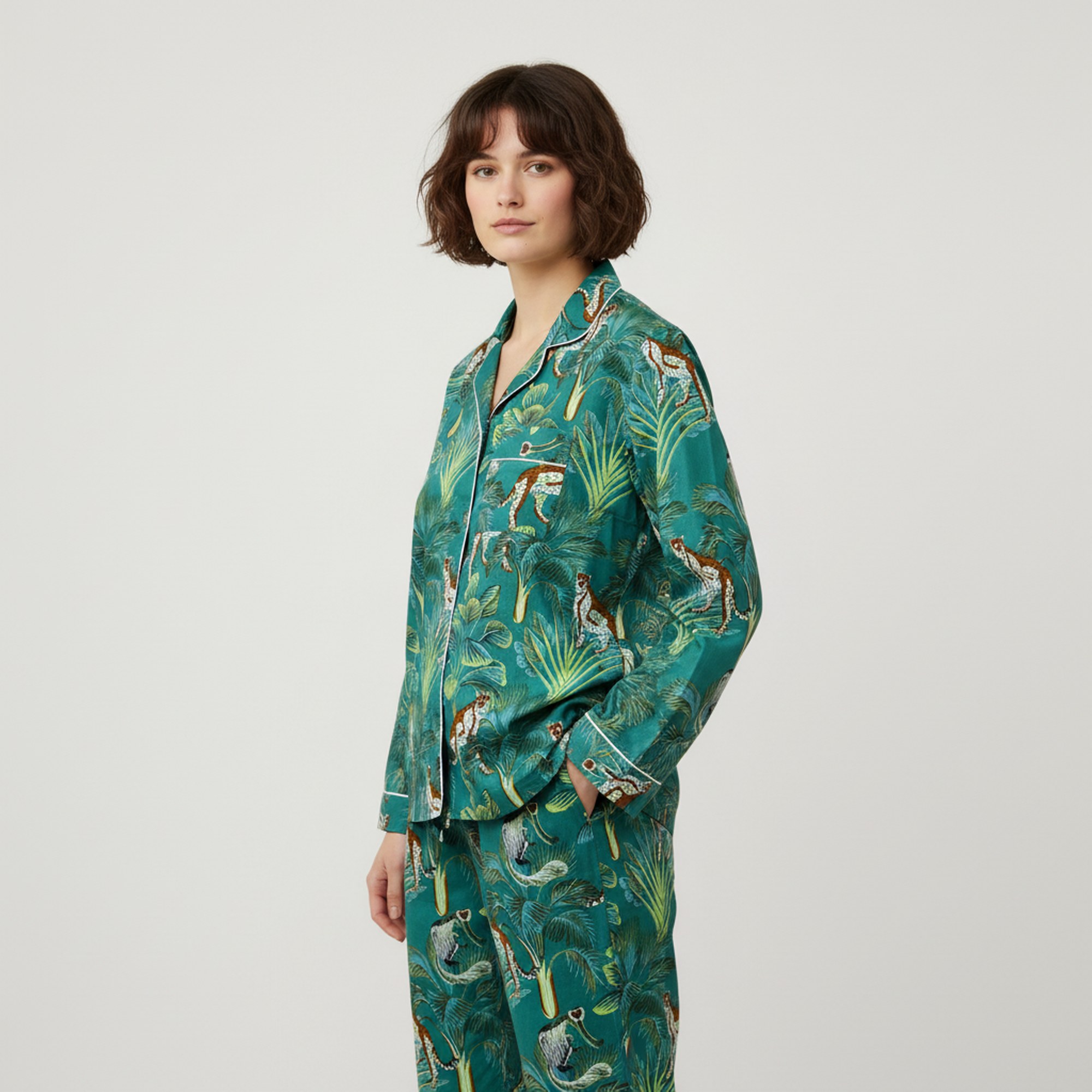 Jungle Print Cotton PJ Set In Green & Multicolor