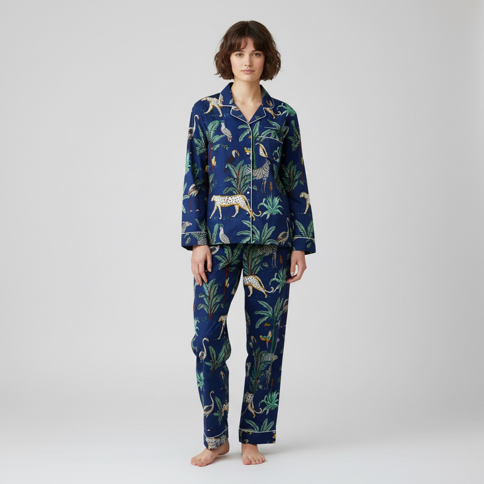 Jungle Print Cotton PJ Set In Blue & Multicolor - Image 2