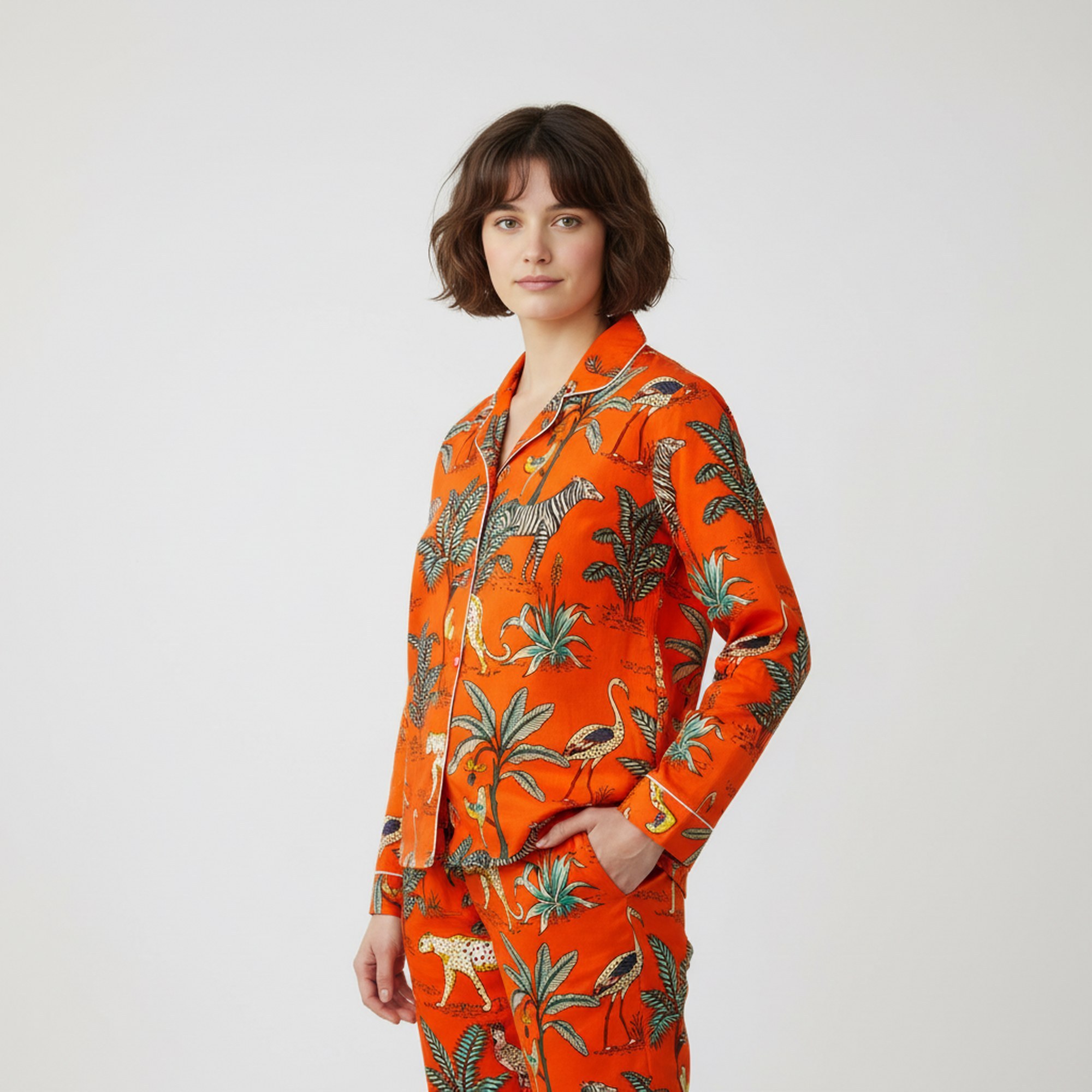 Jungle Print Cotton PJ Set In Orange & Multicolor