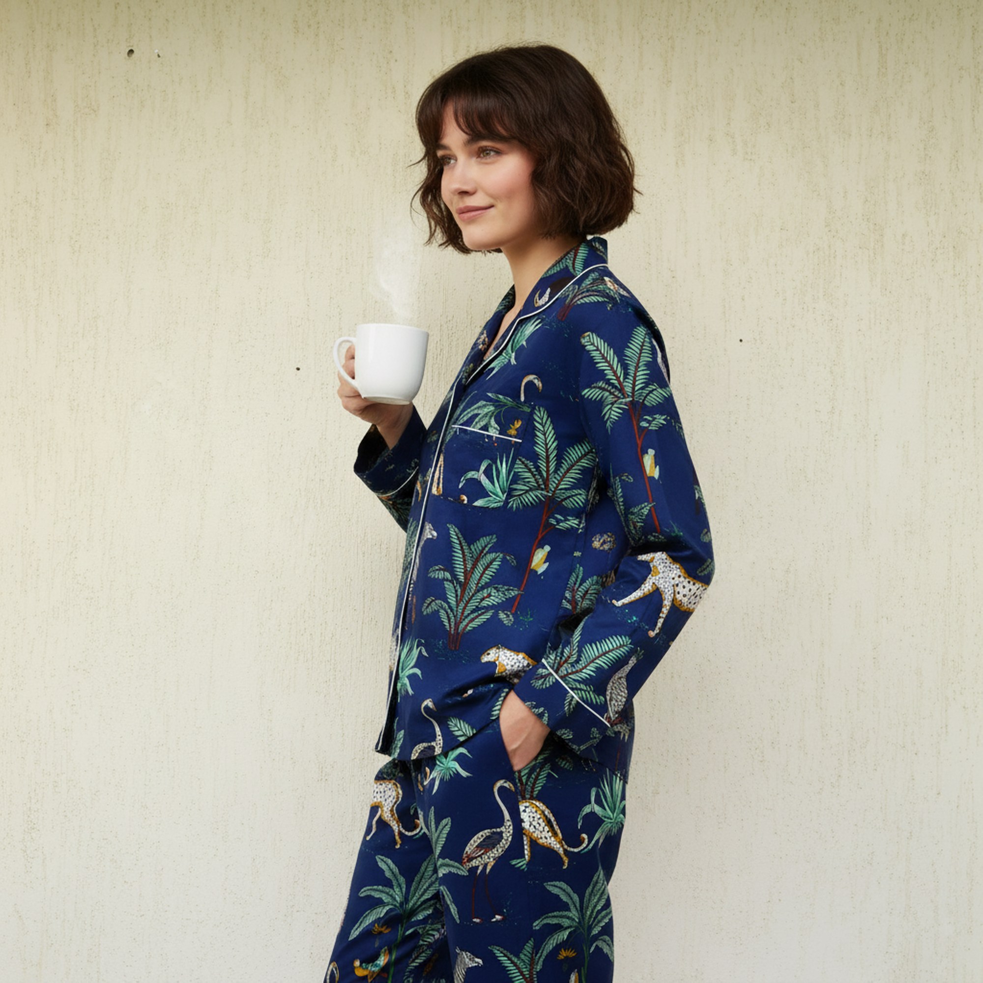 Jungle Print Cotton PJ Set In Blue & Multicolor