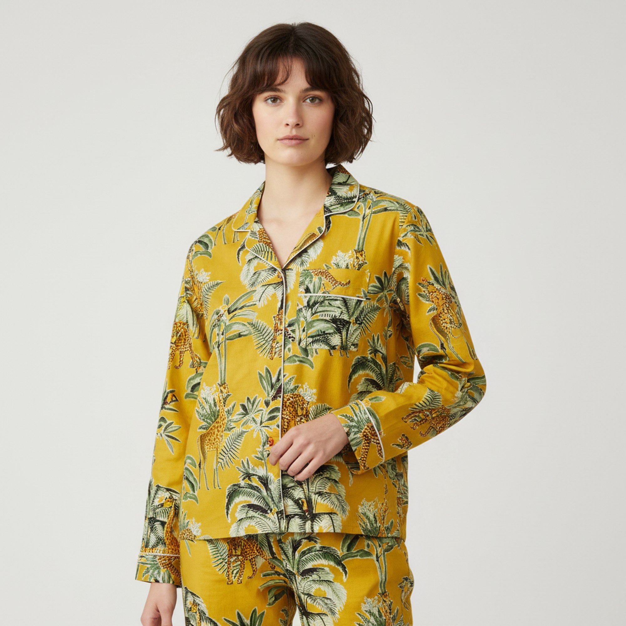 Jungle Print Cotton PJ Set In Yellow & Multicolor