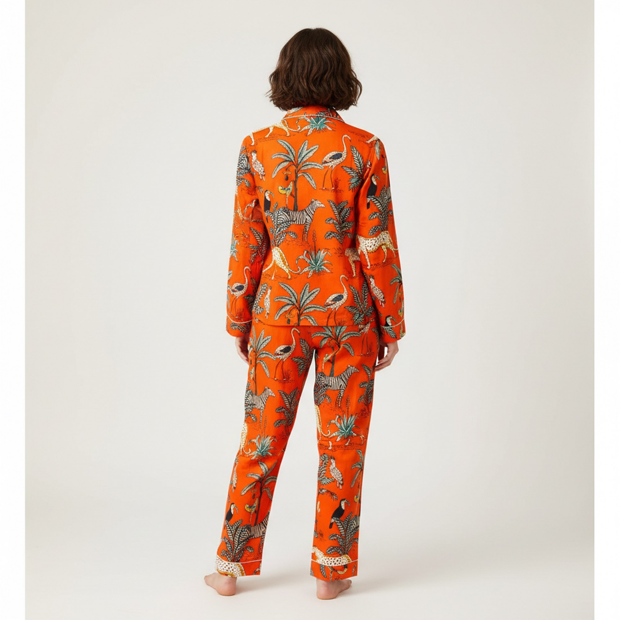 Jungle Print Cotton PJ Set In Orange & Multicolor - Image 3