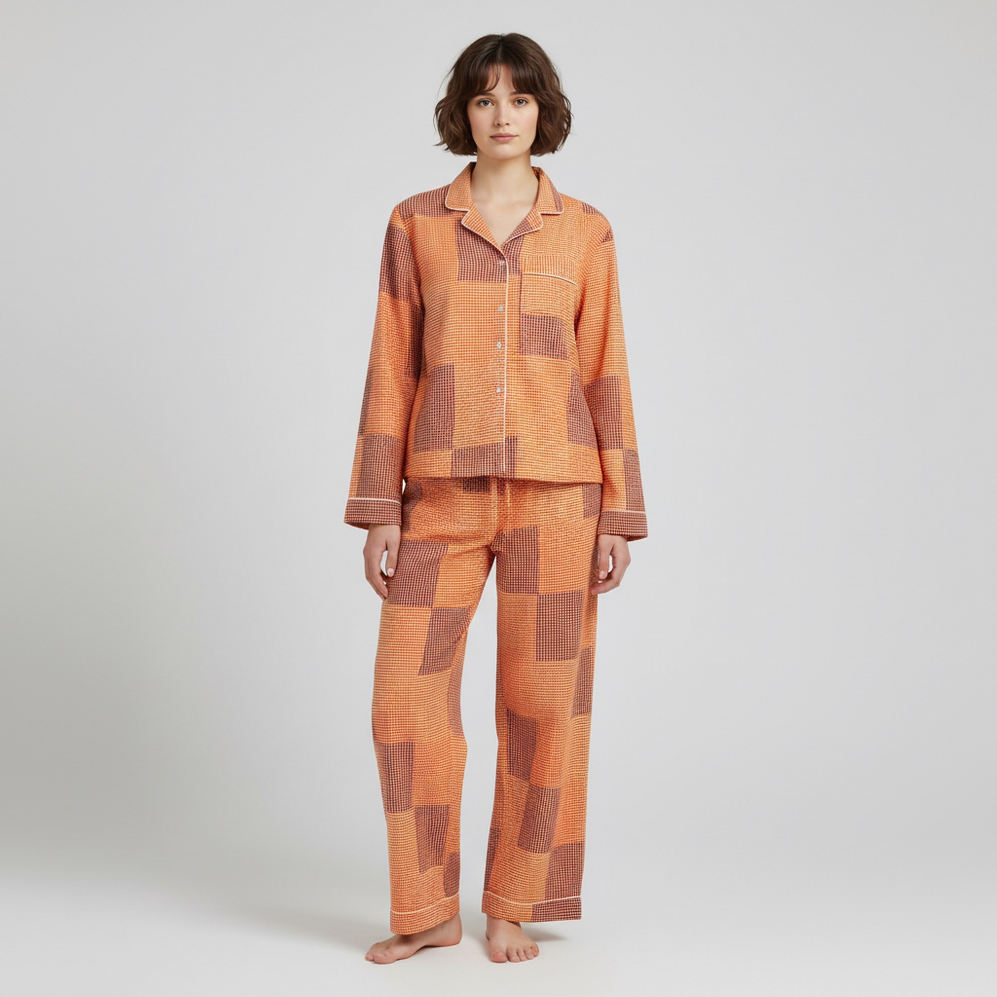 Soft Nest Cotton PJ Set In Orange & Brown - Image 2