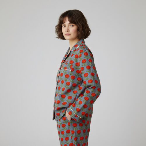 Floral Print Cotton PJ Set In Gray, Red & Green