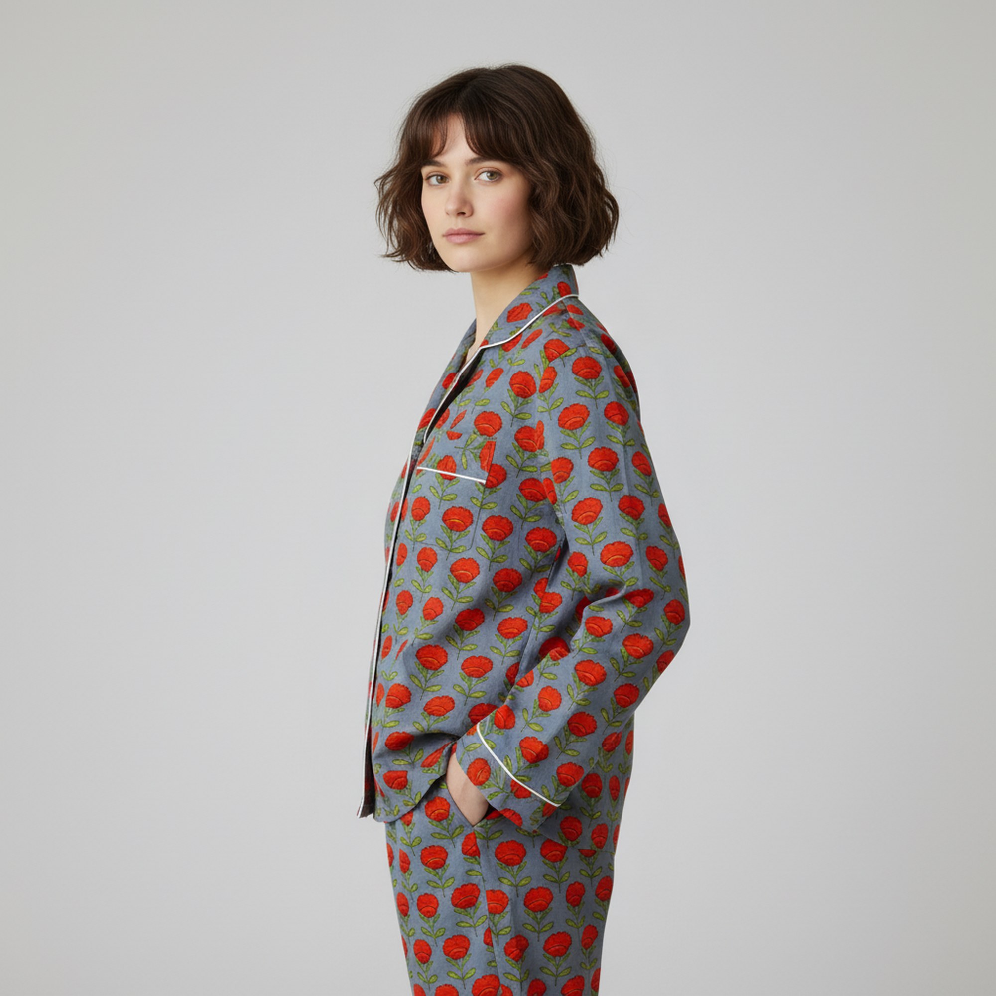 Floral Print Cotton PJ Set In Gray, Red & Green
