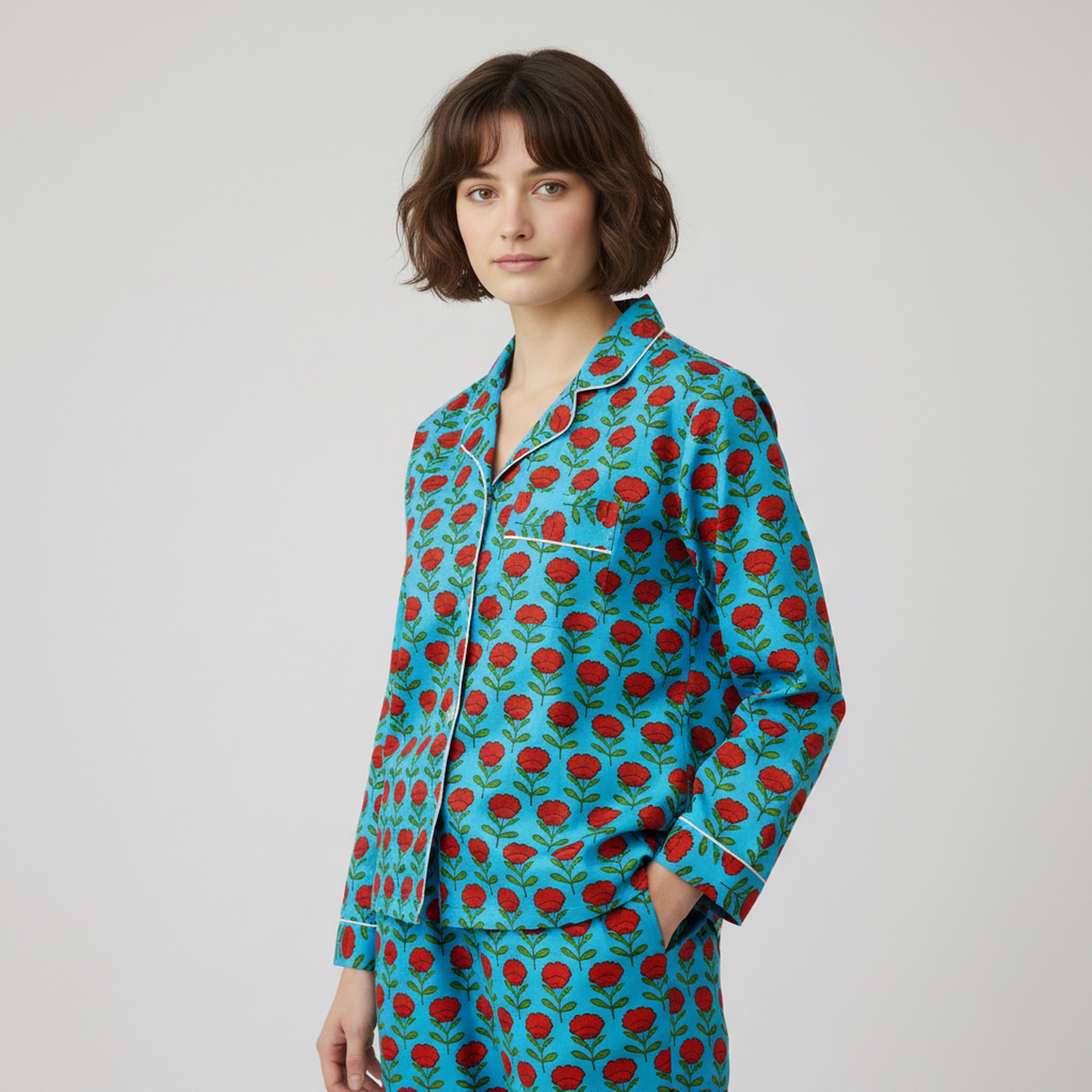 Pretty Comfort Cotton PJ Set In Sky Blue & Red