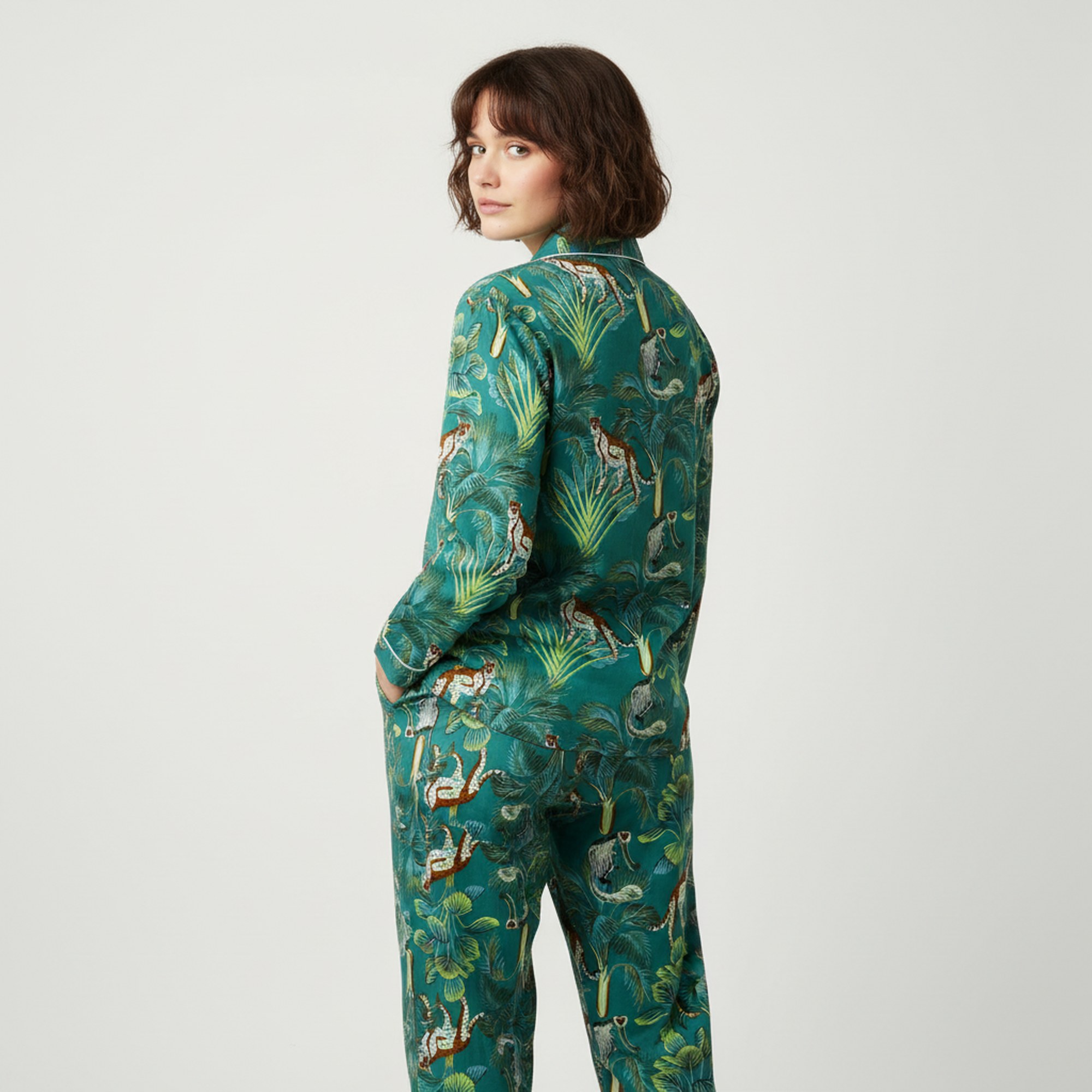 Jungle Print Cotton PJ Set In Green & Multicolor - Image 4