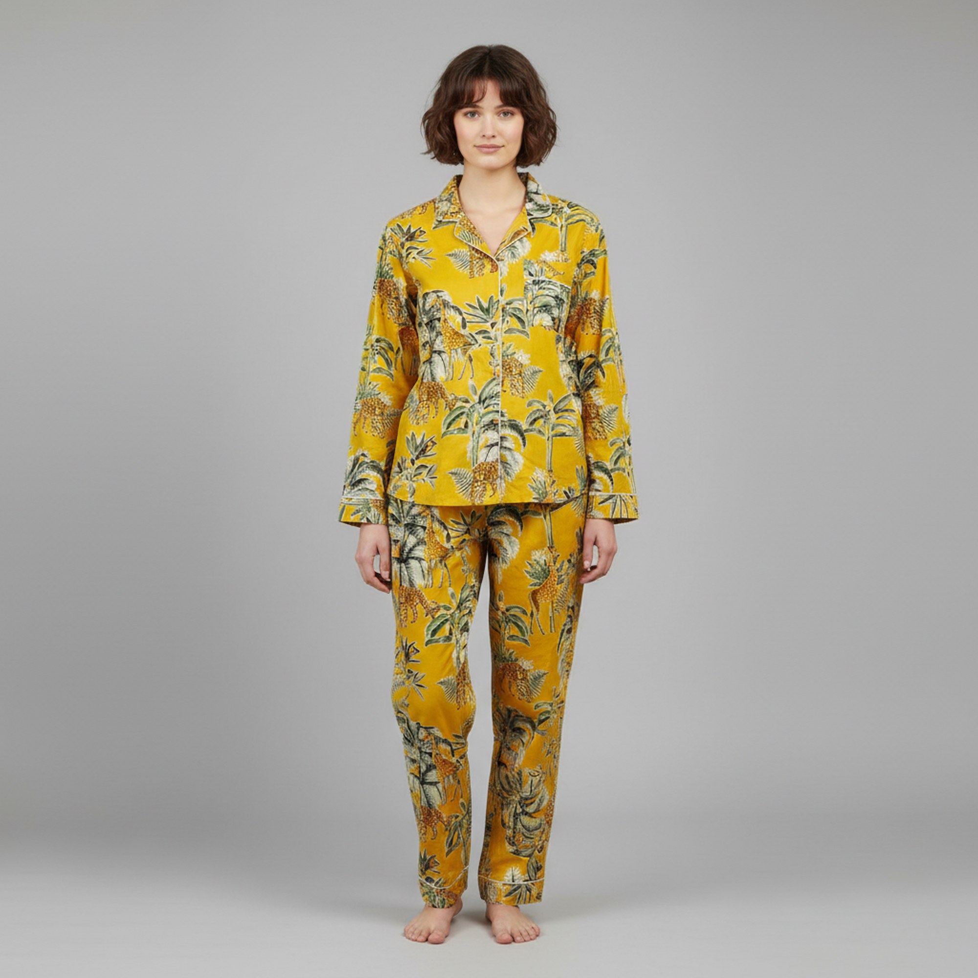 Jungle Print Cotton PJ Set In Yellow & Multicolor - Image 3