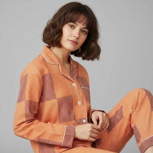 Soft Nest Cotton PJ Set In Orange & Brown