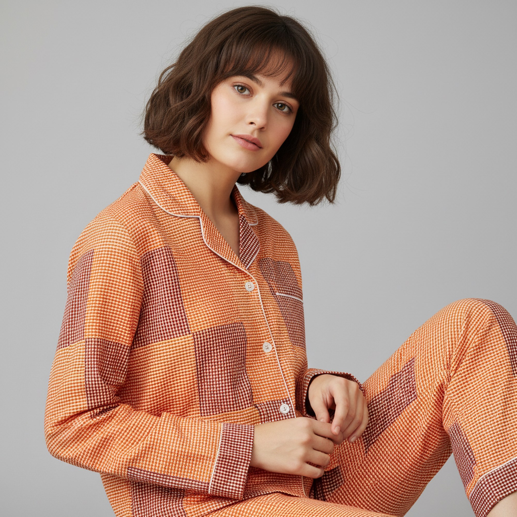 Soft Nest Cotton PJ Set In Orange & Brown