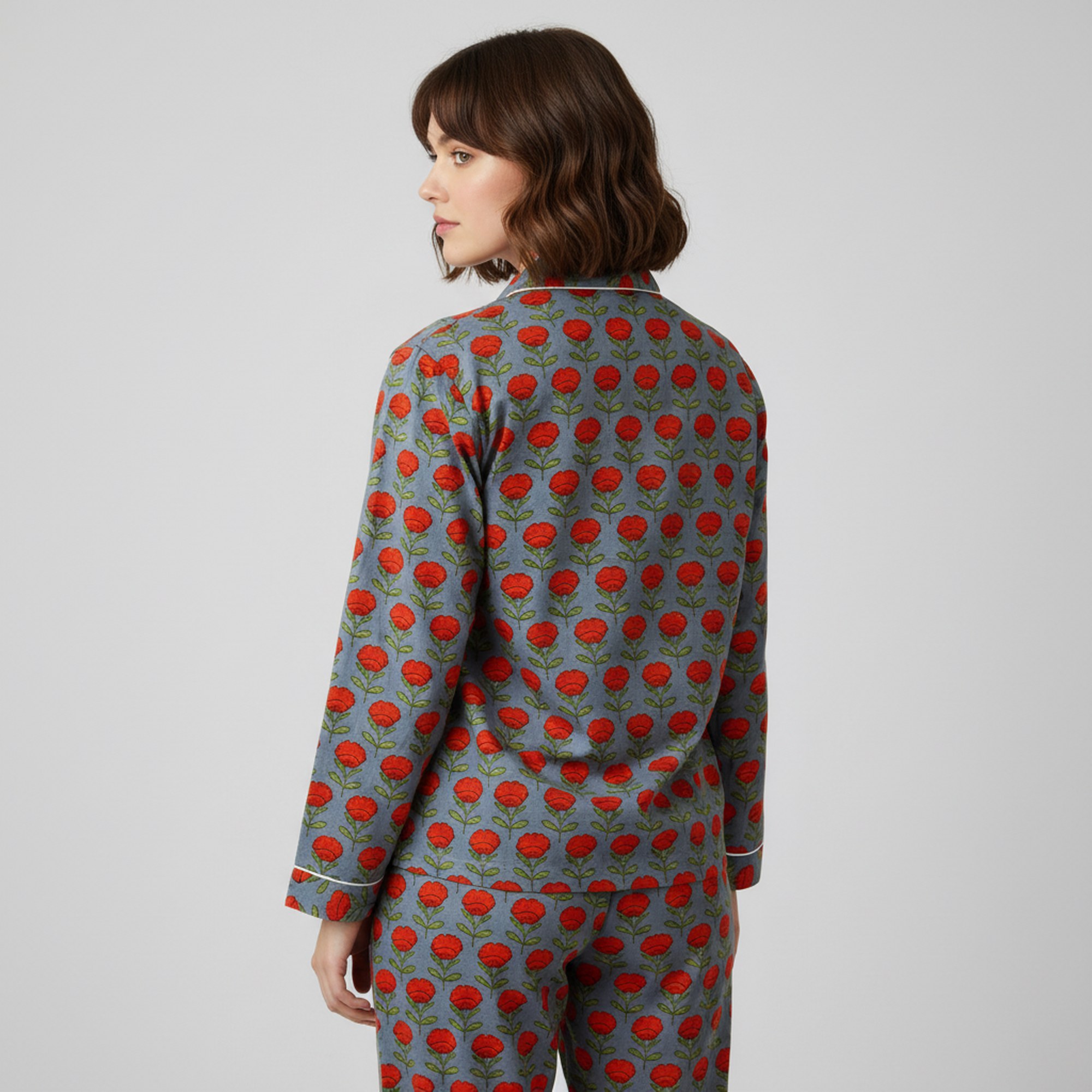 Floral Print Cotton PJ Set In Gray, Red & Green - Image 3