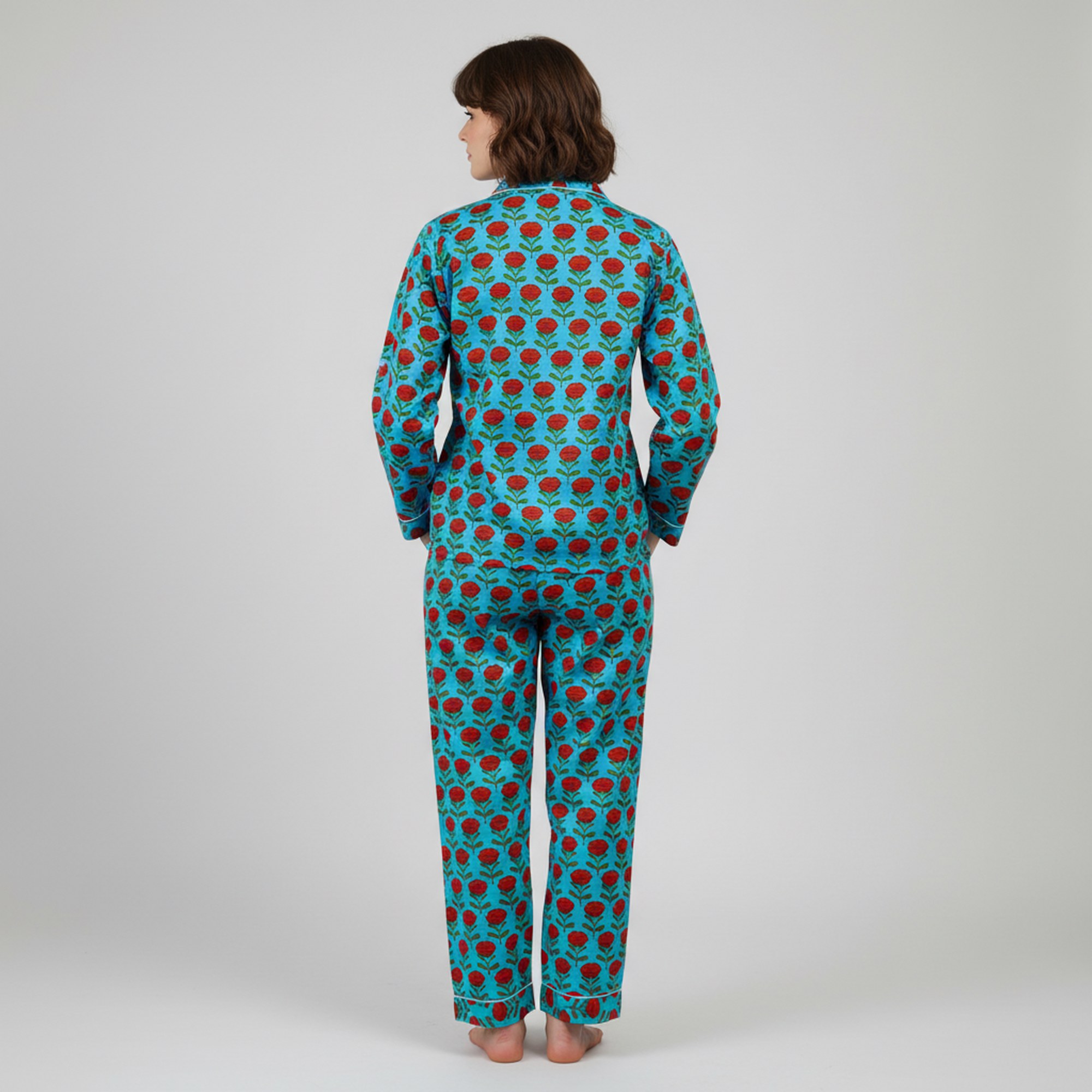 Pretty Comfort Cotton PJ Set In Sky Blue & Red - Image 3
