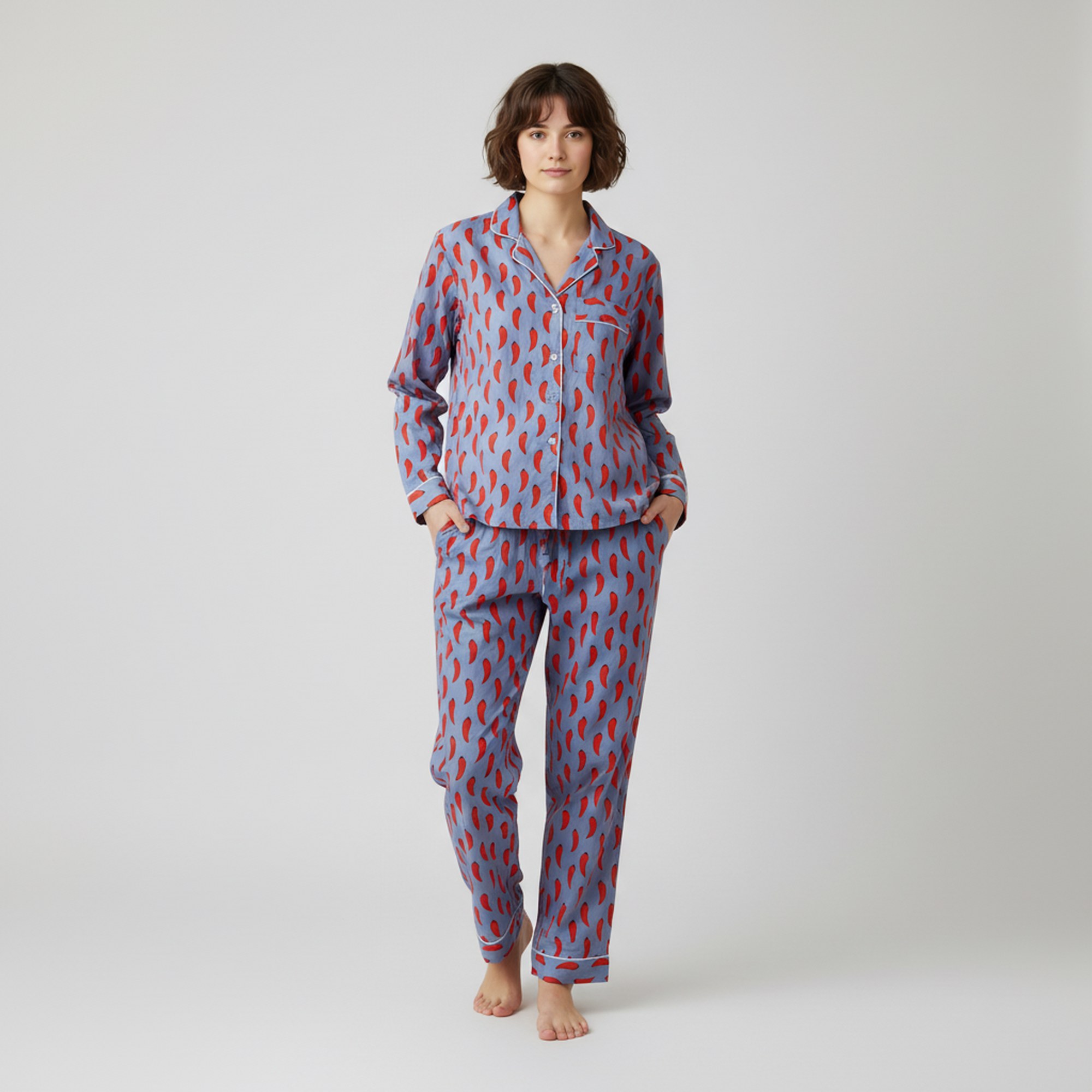 Night Comfort Cotton PJ Set In Red Chilli Design - Image 3