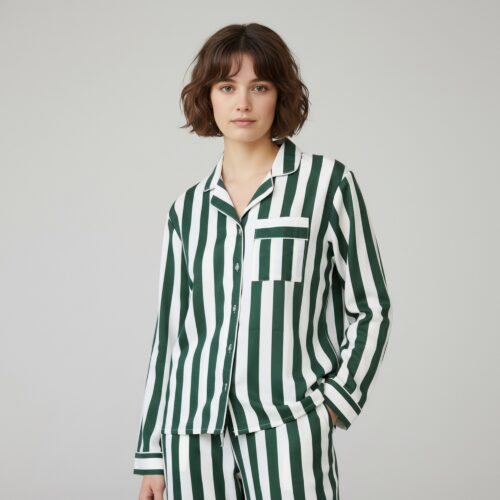 Calm Comfort Cotton PJ Set In White & Green