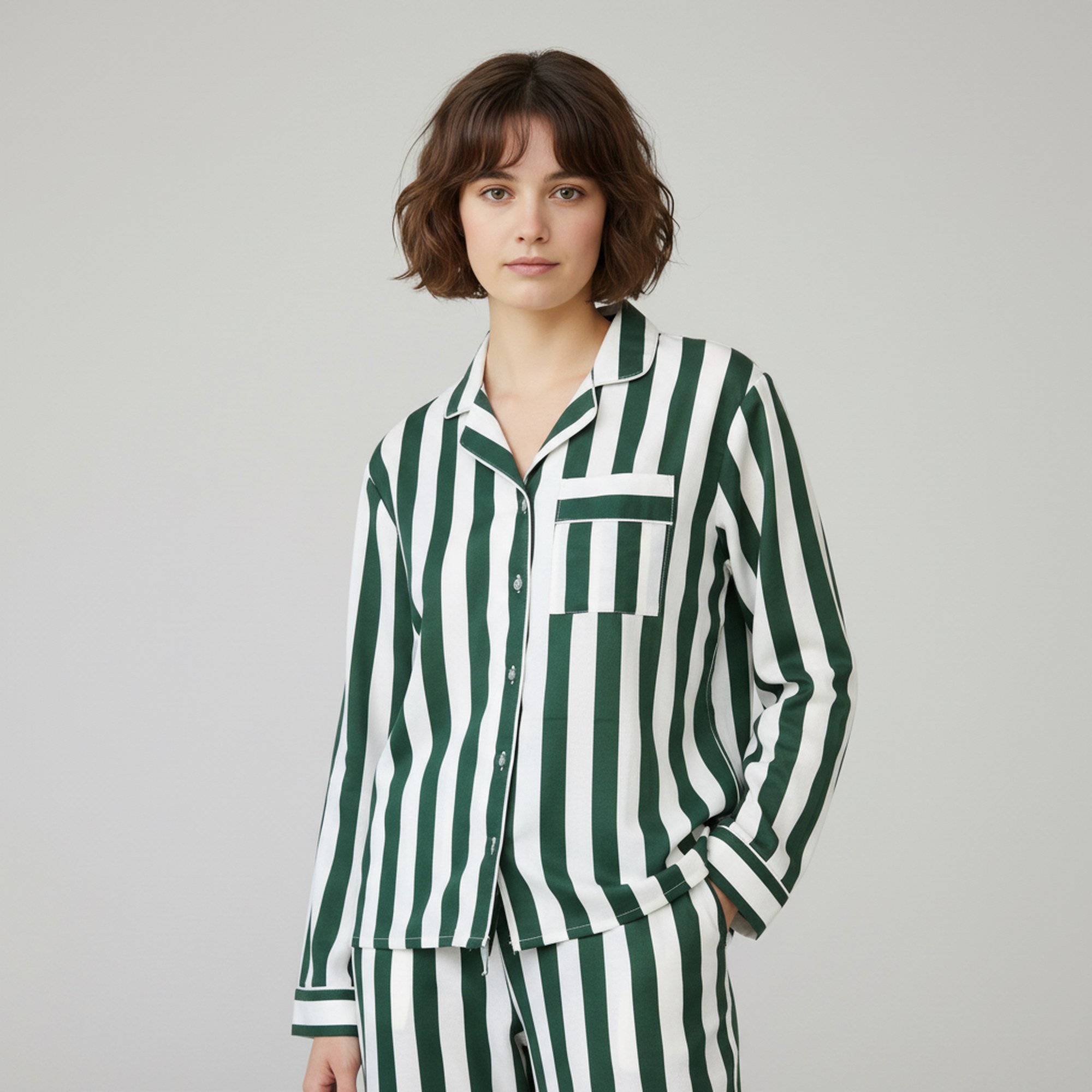 Calm Comfort Cotton PJ Set In White & Green