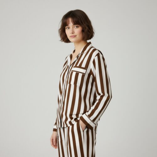 Relax Mode Cotton PJ Set In White & Brown