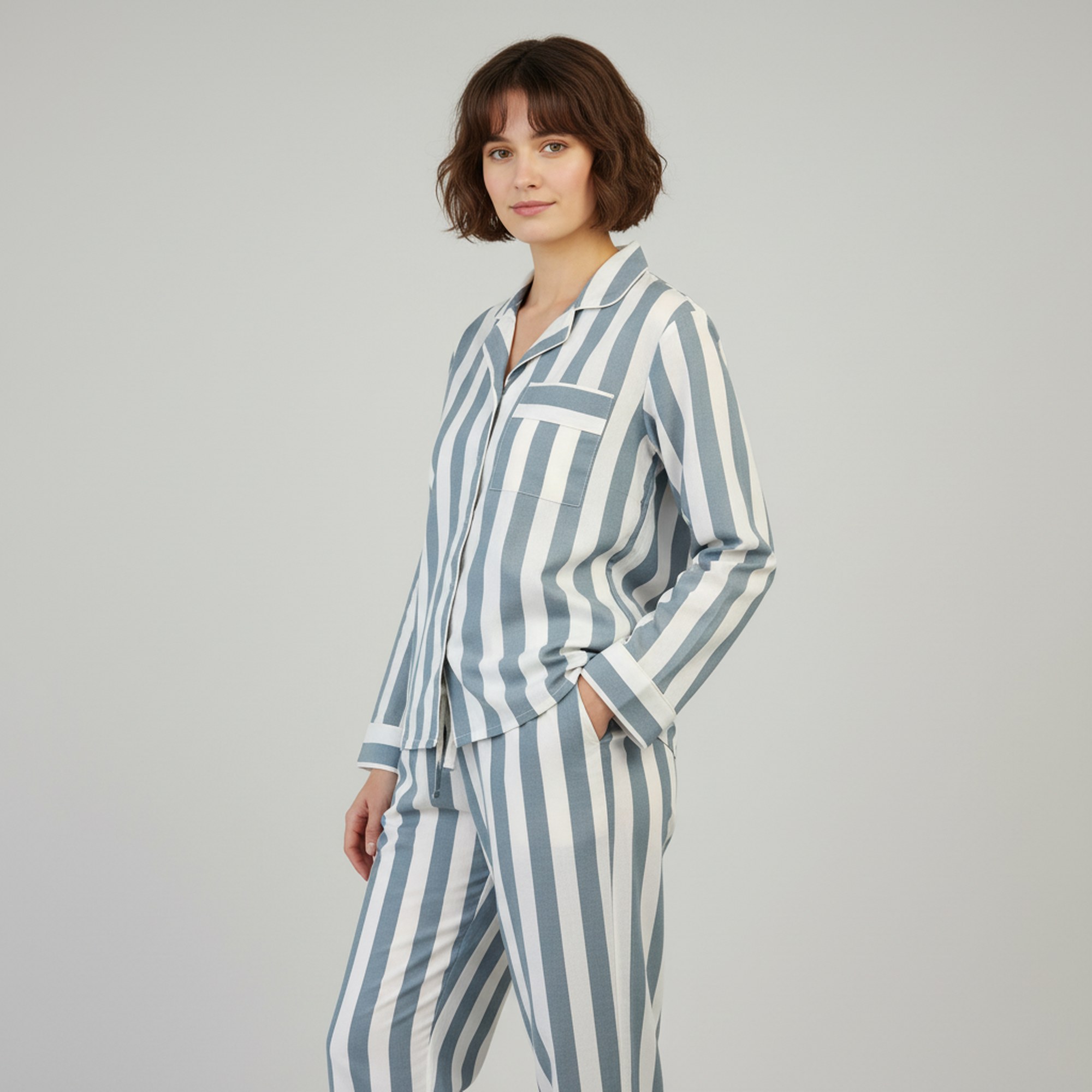 Softwear Cotton PJ Set In Gray & White