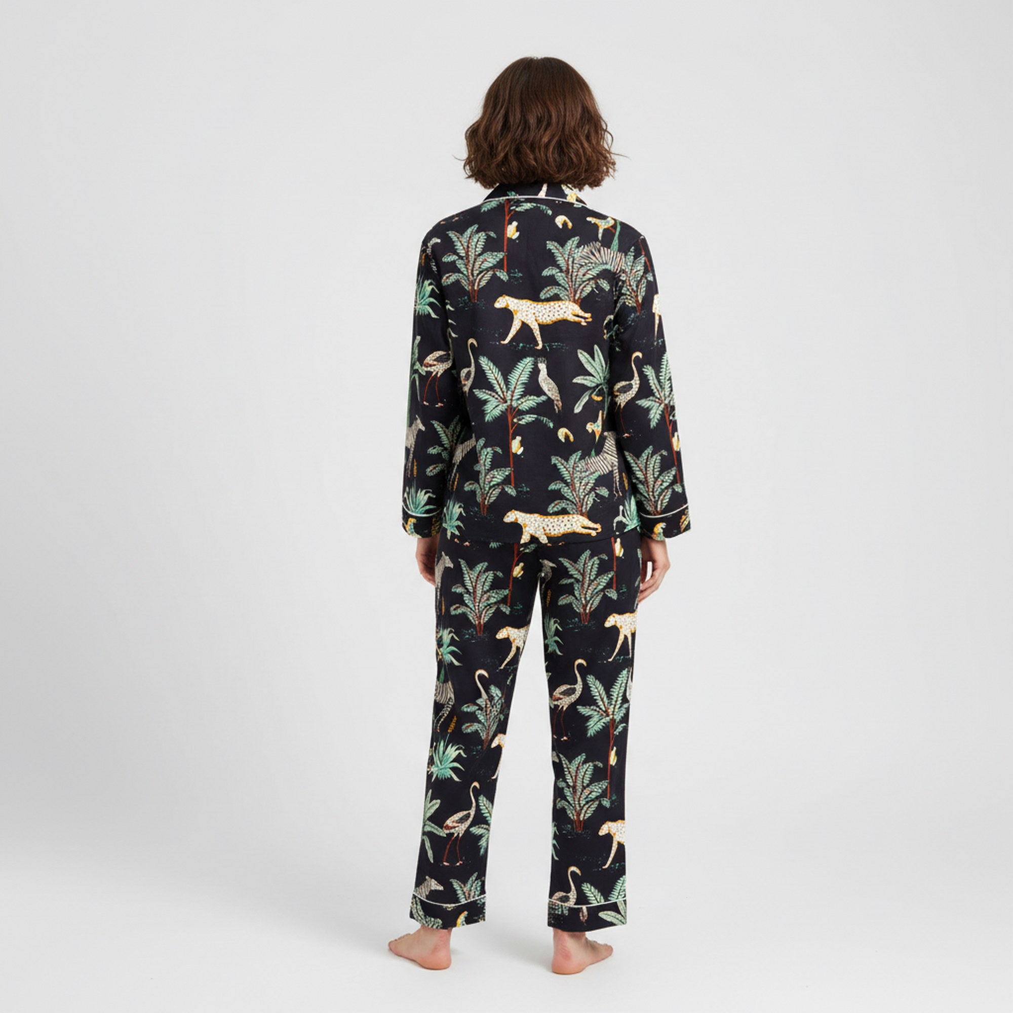 Jungle Print Cotton PJ Set In Black & Multicolor - Image 4