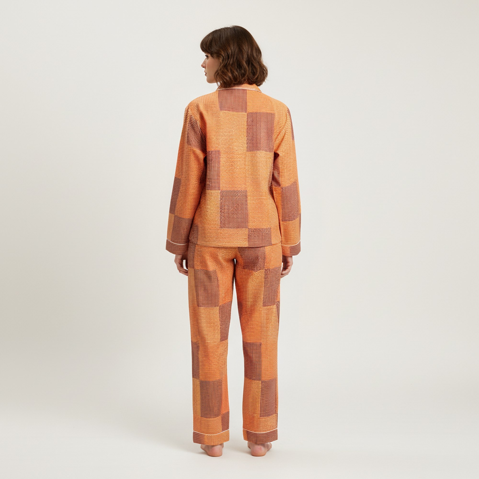 Soft Nest Cotton PJ Set In Orange & Brown - Image 4