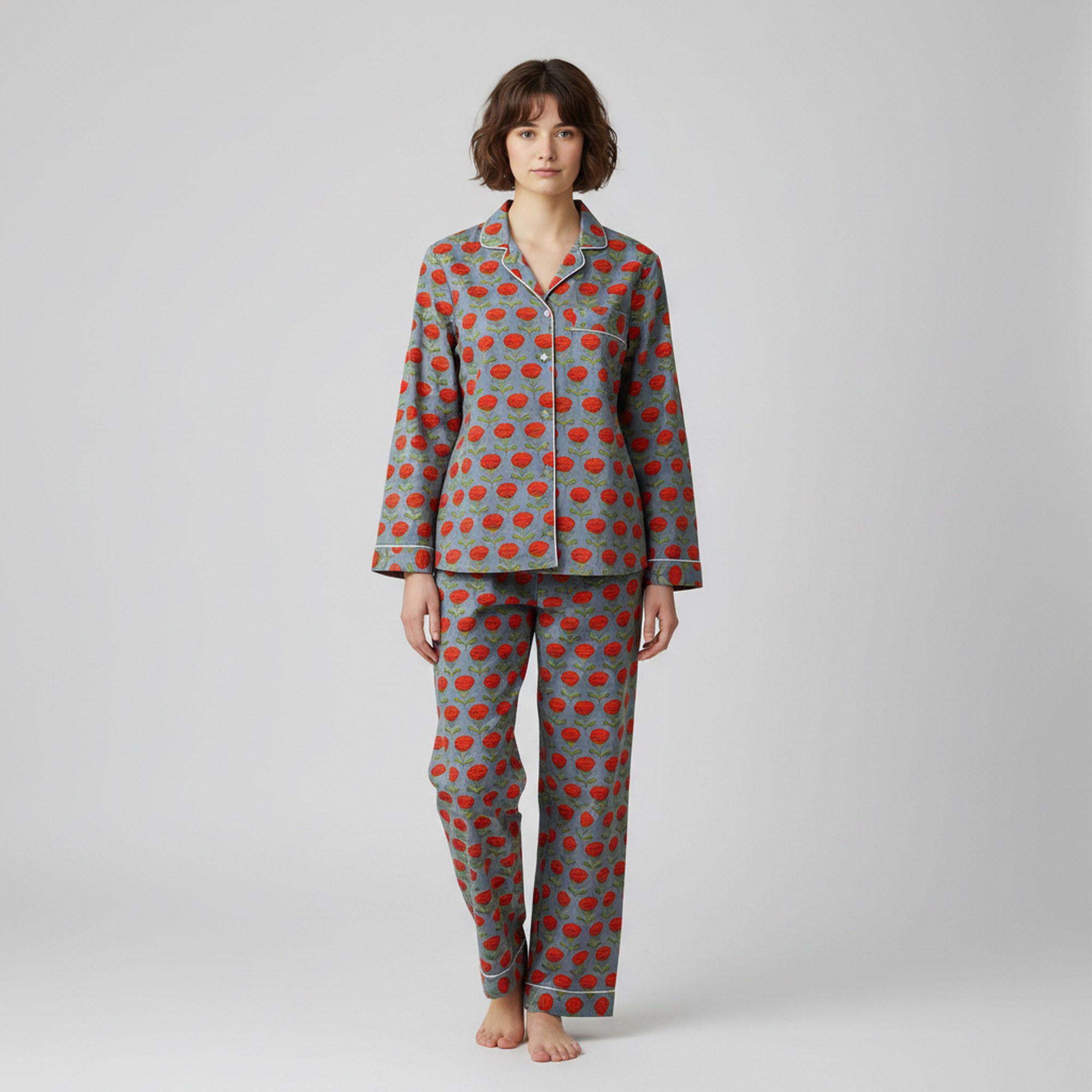 Floral Print Cotton PJ Set In Gray, Red & Green - Image 4