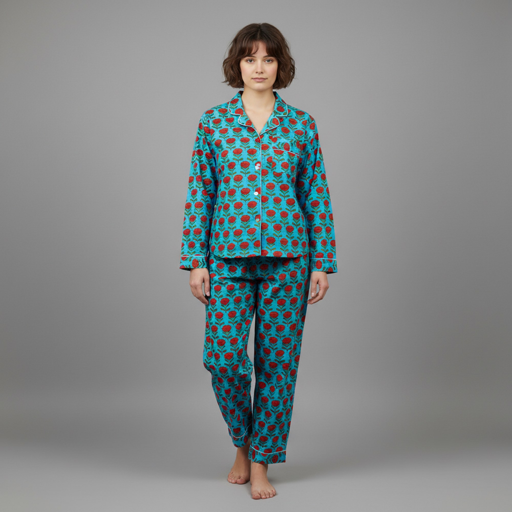 Pretty Comfort Cotton PJ Set In Sky Blue & Red - Image 4