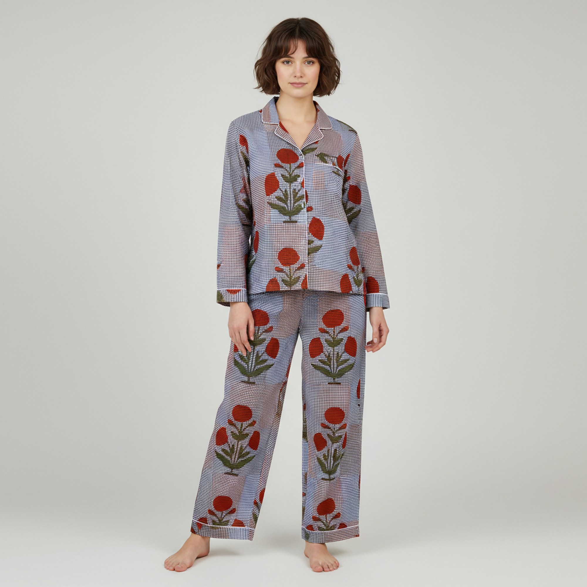 Floral Printed Cotton PJ Set In Red & Black - Image 4