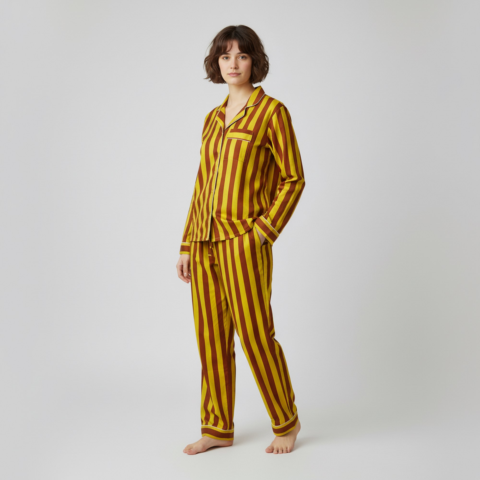 Airy Bloom Cotton PJ Set In Yellow & Brown - Image 3