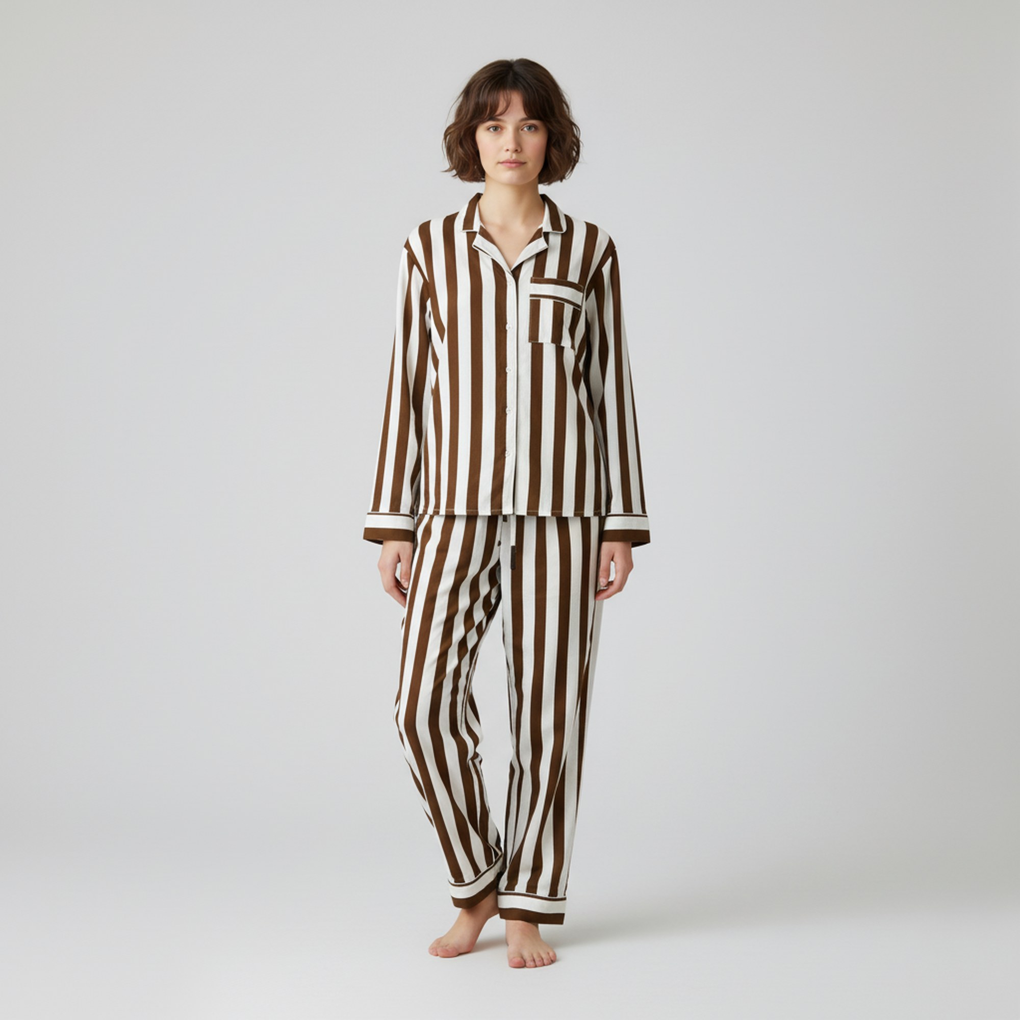 Relax Mode Cotton PJ Set In White & Brown - Image 3