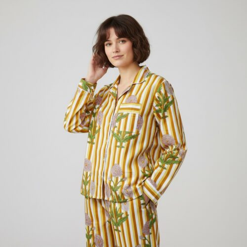 Floral Printed Cotton PJ Set In Yellow & Green