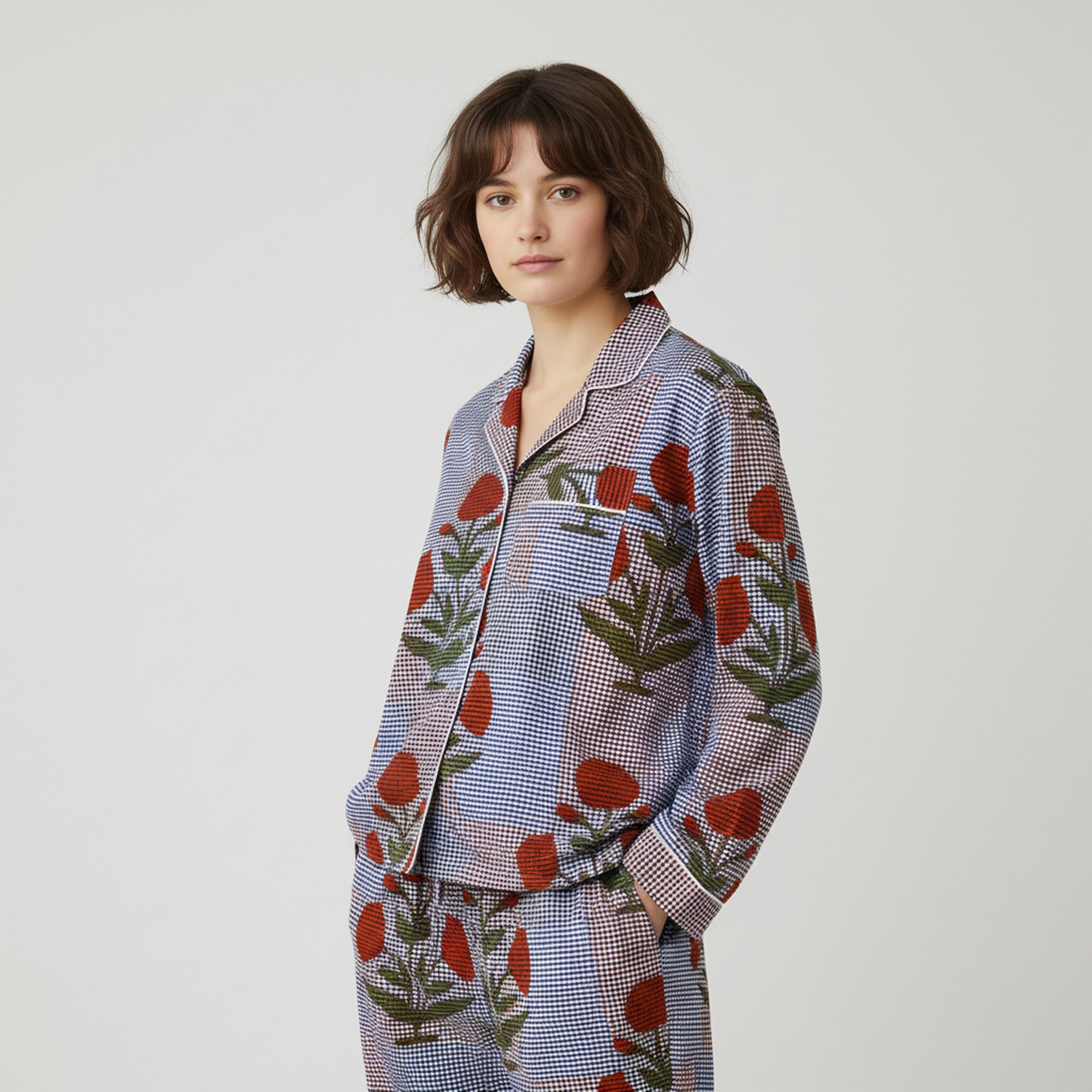 Floral Printed Cotton PJ Set In Red & Black