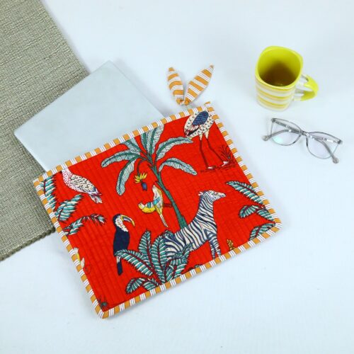 Jungle Vibe Cotton Quilted Screen Print Laptop Sleeves With Bow