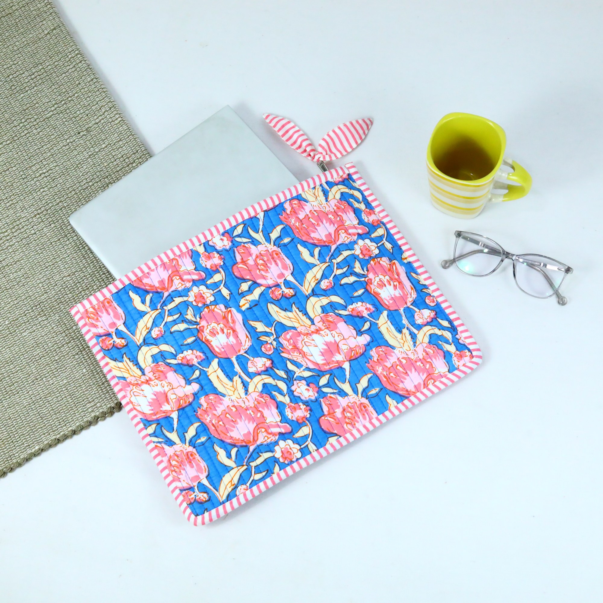 Bloom Grace Cotton Quilted Screen Print Laptop Sleeves With Bow