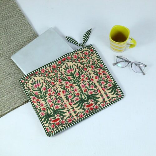 Bloom Jaal Cotton Quilted Screen Print Laptop Sleeves With Bow