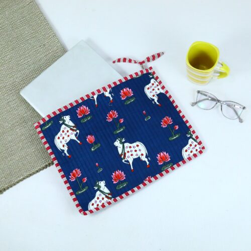 Floral & Cow Cotton Quilted Screen Print Laptop Sleeves With Bow