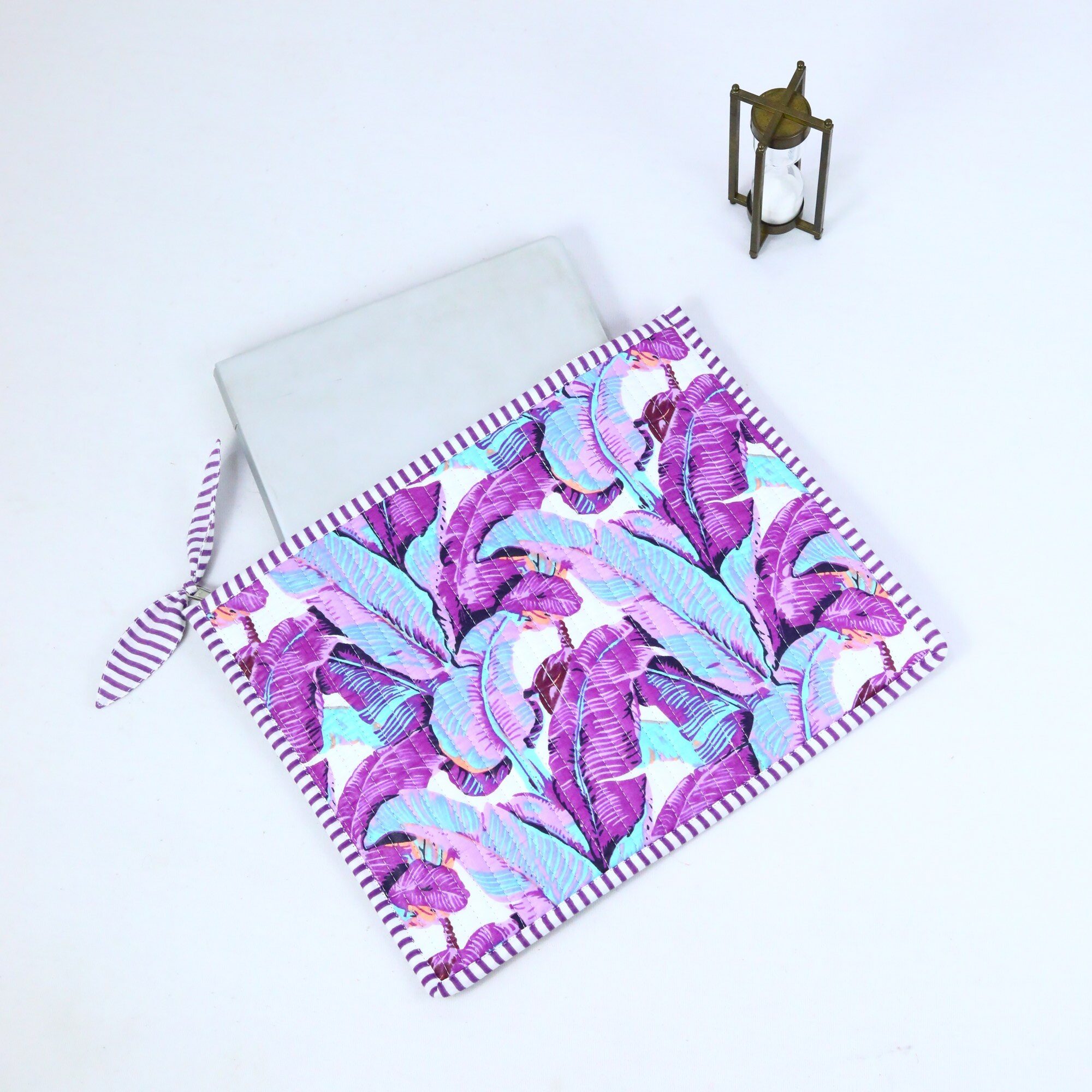 Leaf Charm Cotton Quilted Screen Print Laptop Sleeves With Bow - Image 5