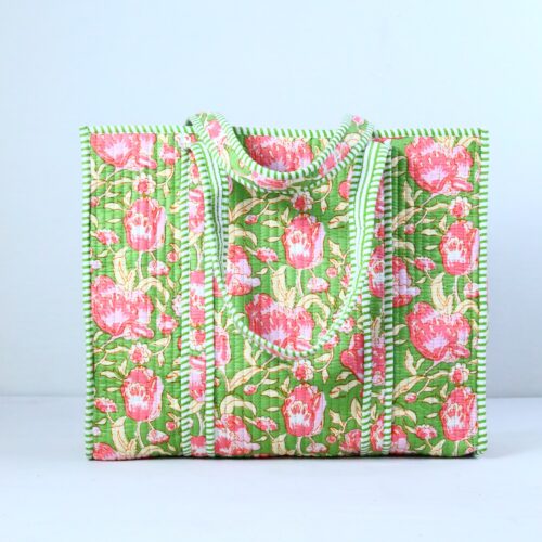 Floral Screen Print Cotton Quilted Tote Bag In Green & Peach