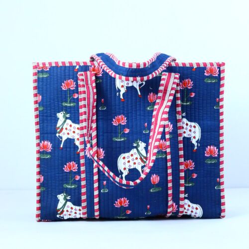 Divine Nandi Style Screen Print Cotton Quilted Tote Bag In Blue & Multicolor