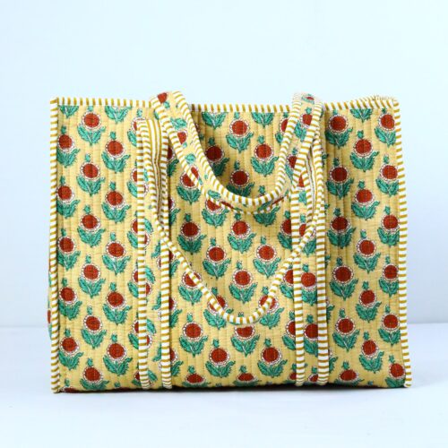 Trendy Carry Screen Print Cotton Quilted Tote Bag In Yellow & Multicolor