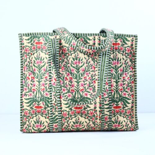 Floral Grace Screen Print Cotton Quilted Tote Bag In Multicolor