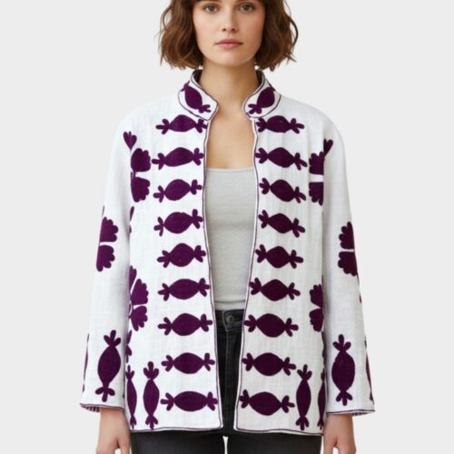 Pretty in Prints Slub Suzani Jacket In White & Dark Purple