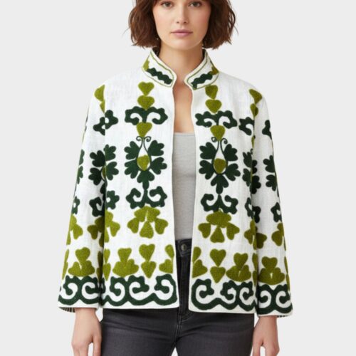 College Crush Slub Suzani Jacket In White & Green