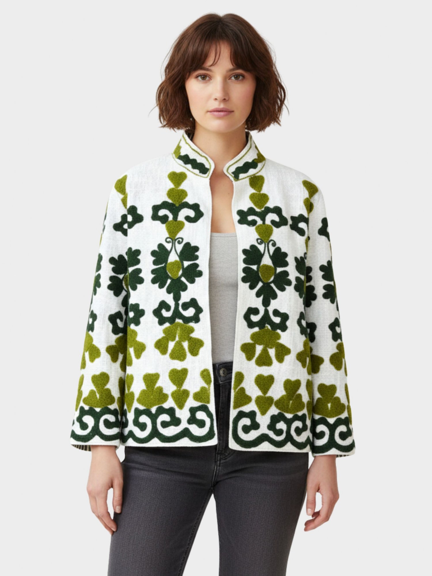 College Crush Slub Suzani Jacket In White & Green