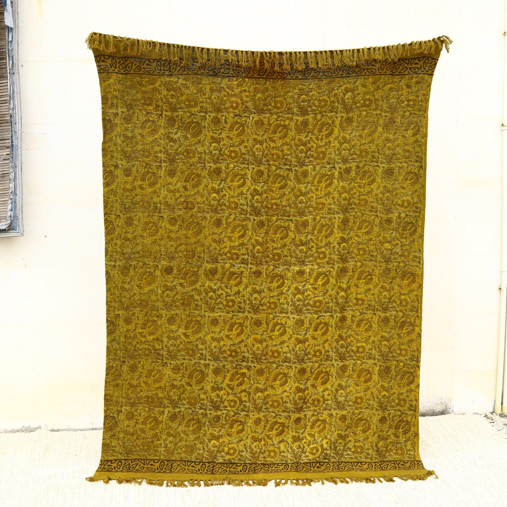 The Timeless Beauty Ajrakh Printed Cotton Slub Throw In Golden Mustard - Image 3