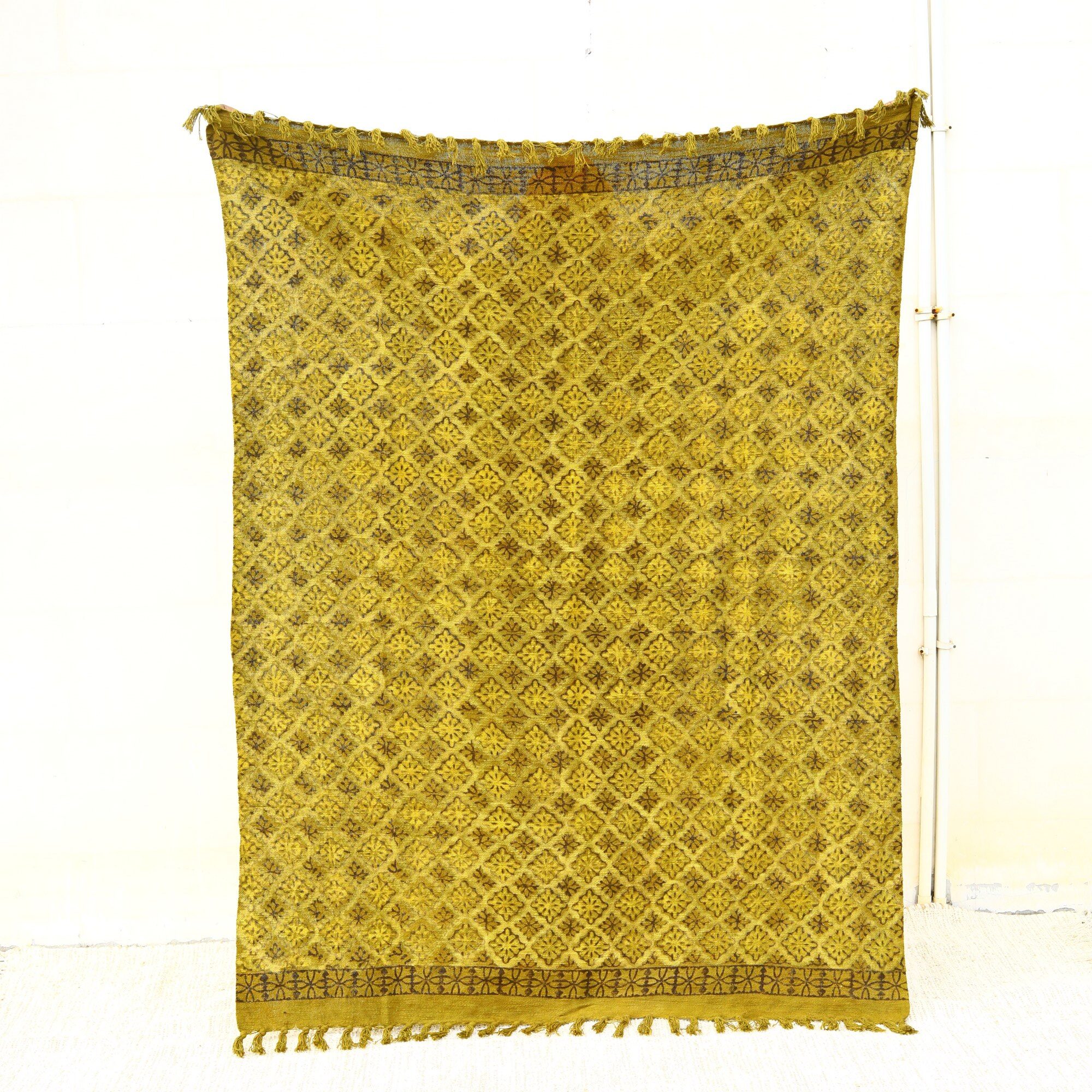 Diamond Jaal Ajrakh Printed Cotton Slub Throw In Golden Turmeric - Image 3