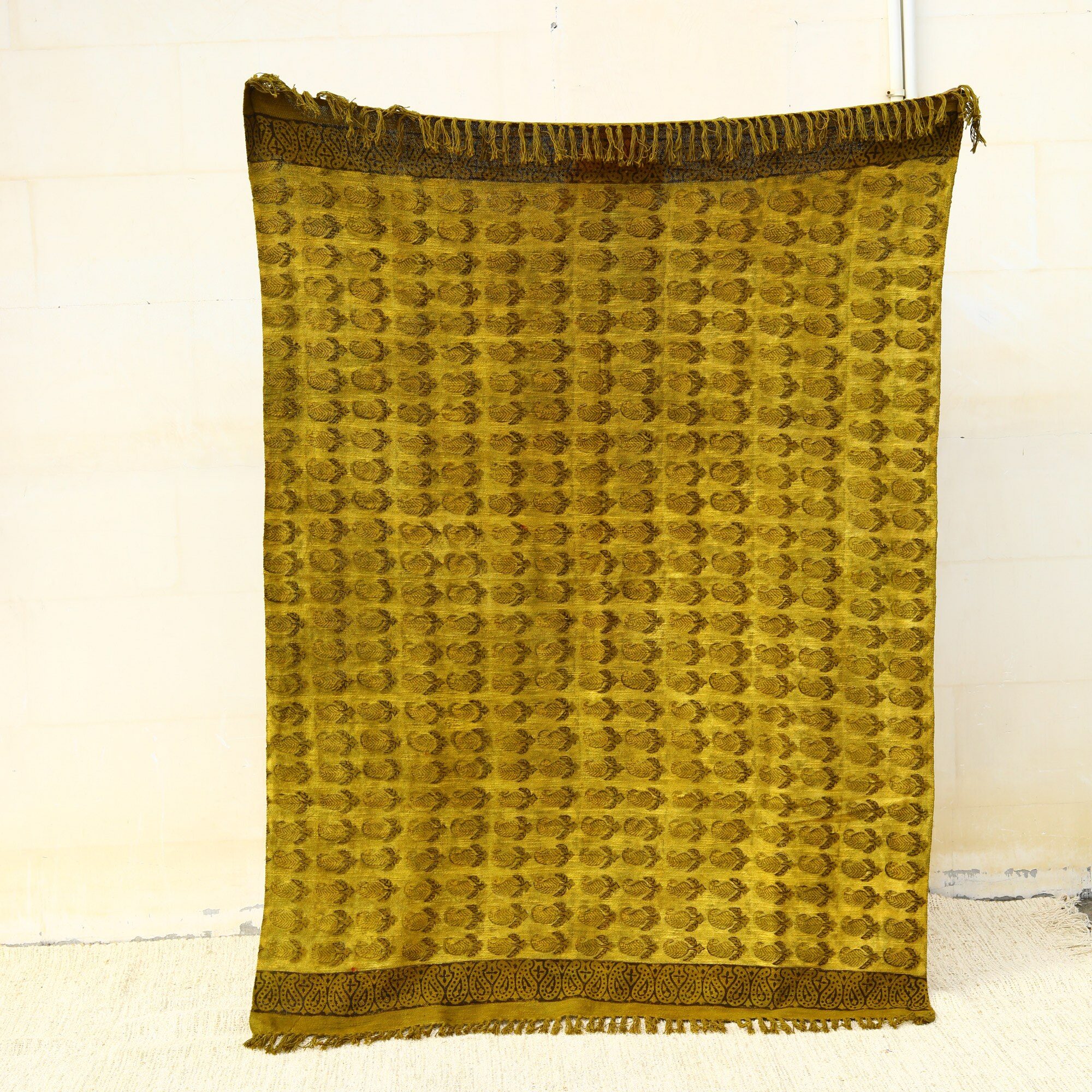 Paisley Design Ajrakh Printed Cotton Slub Throw In Mustard Yellow - Image 2