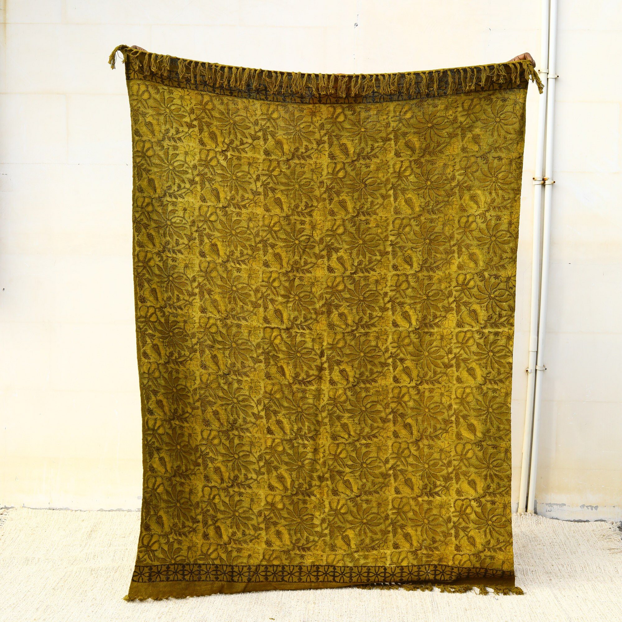 Garden Legacy Ajrakh Printed Cotton Slub Throw In Mustard Yellow - Image 3